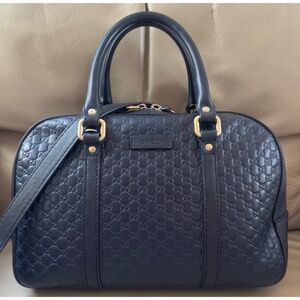Authentic Gucci Navy Blue Guccissima Leather Top Handle Satchel Crossbody Bag